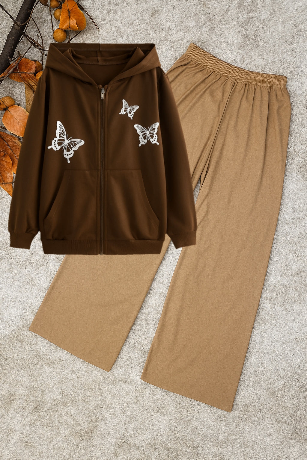 Brown Butterfly Hoodie With Beige Wide Leg Trouser