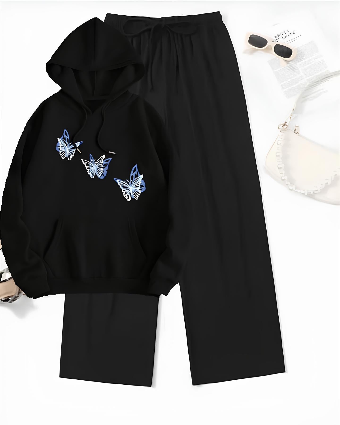 Black Butterfly Hoodie With Black Wide Leg Trouser