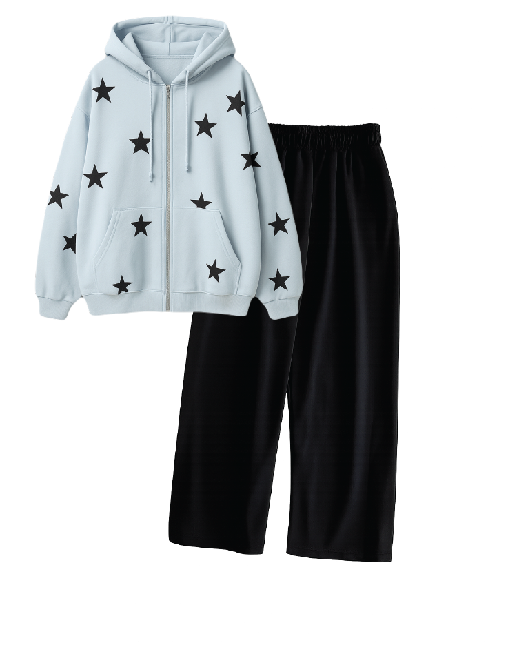 Blue Star Zipper Hoodie With Black Wide Leg Trouser